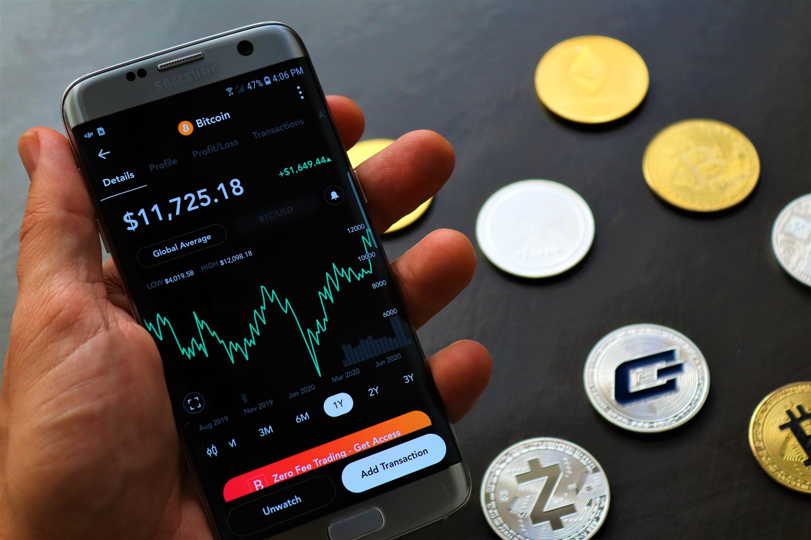 Close-up of a smartphone app showing Bitcoin trading details with crypto coins on a black surface.