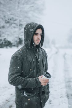 Adult male in hoodie standing with coffee cup while snowing outdoors in winter.