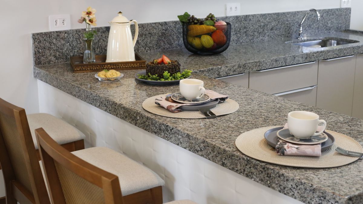 Modern breakfast bar with croissants on a kitchen counter