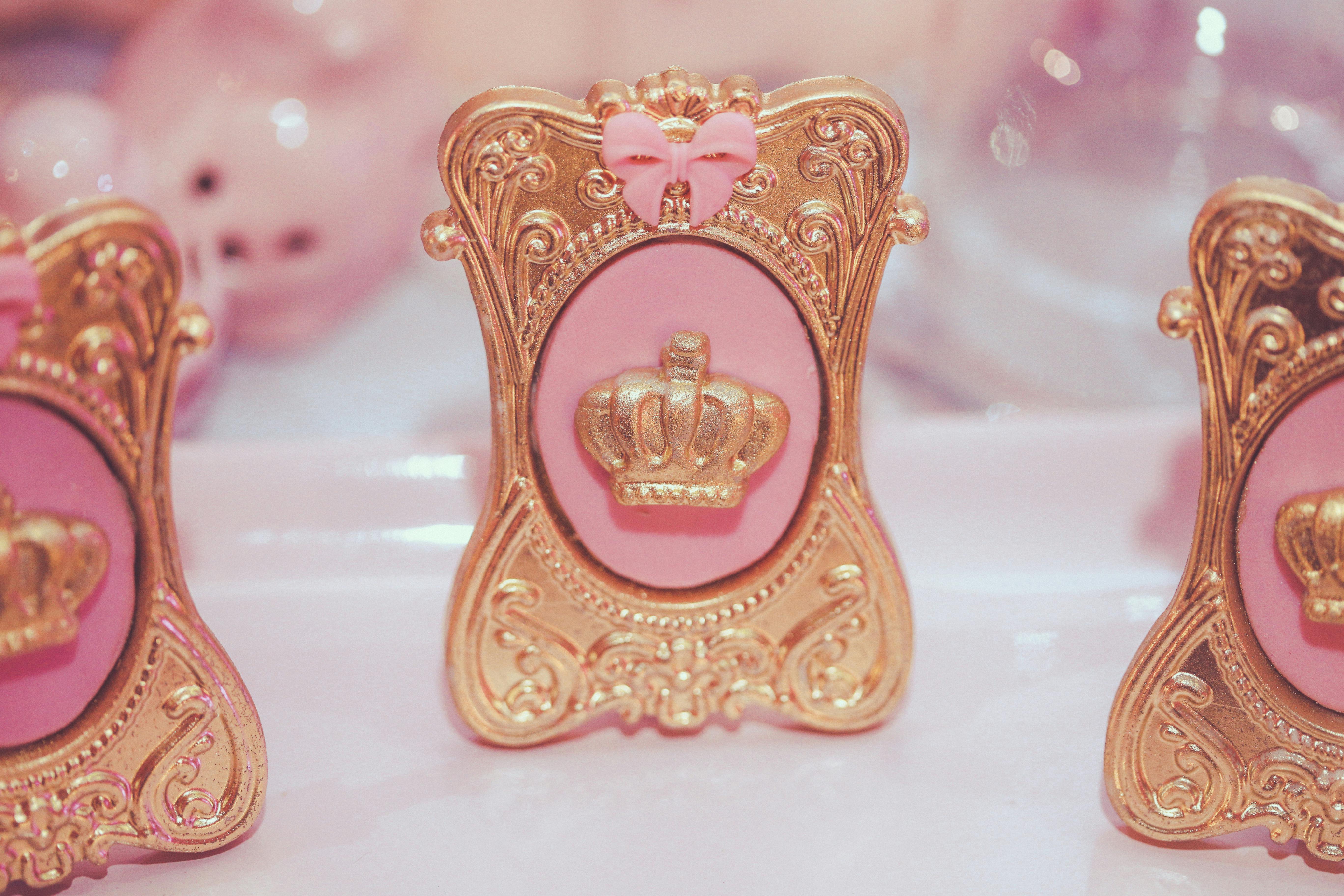 close up of pink and gold decorations