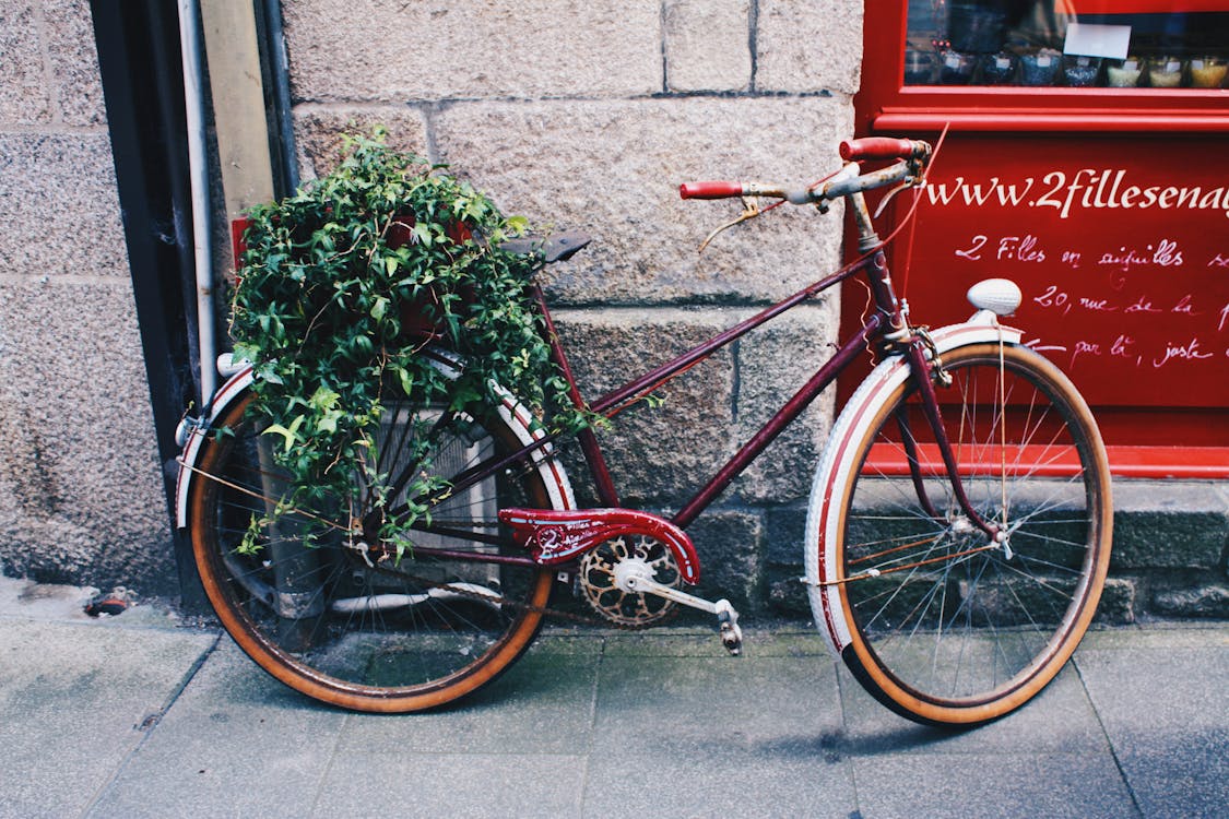 Vélo De Montagne Rouge En Face De Mur Gris