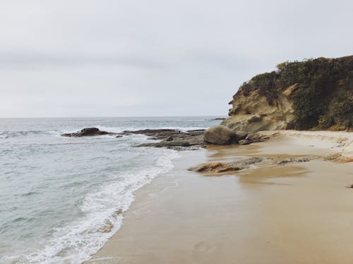 A Brown and Green Cliff on Seashore 