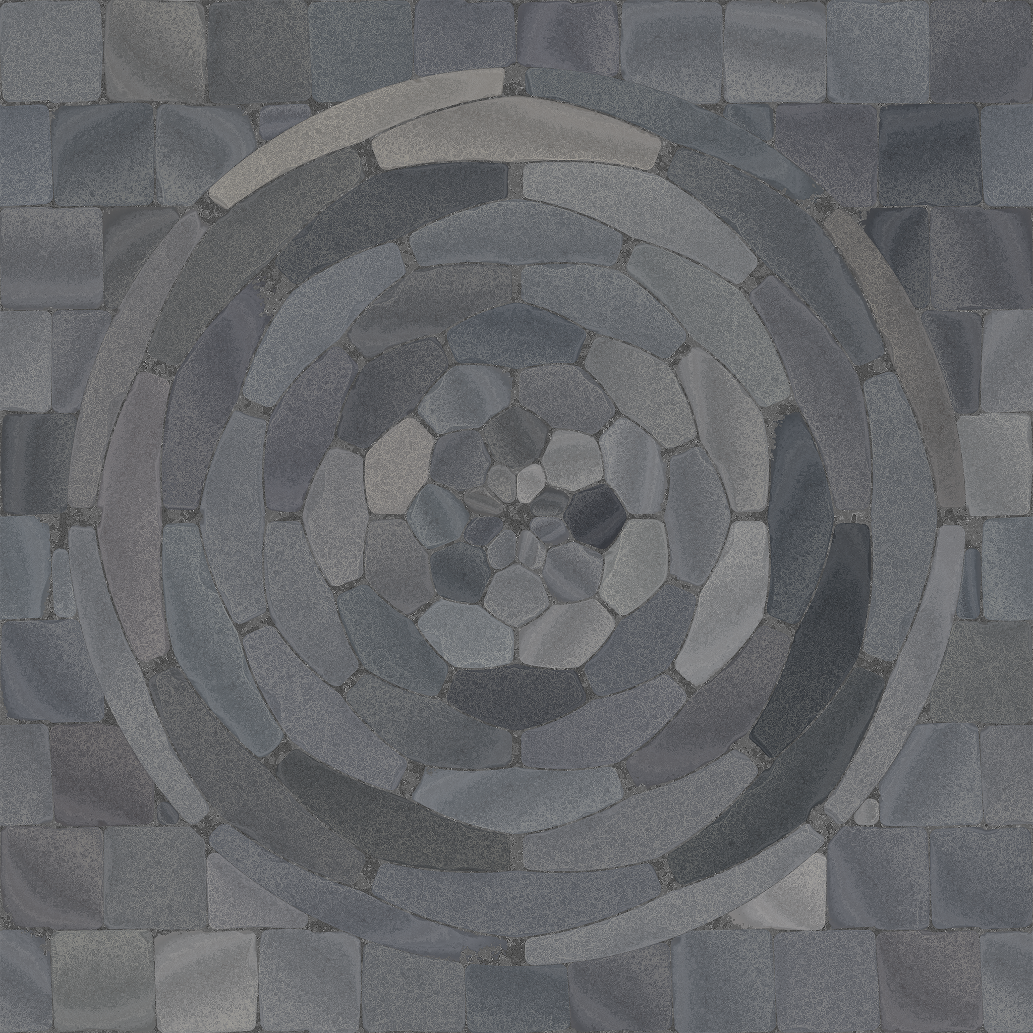 Close-up of a detailed circular pattern on a stone paved surface.