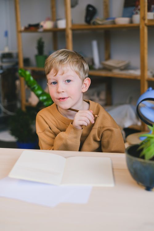 Free Young boy with blond hair writing in a notebook indoors, wearing a brown sweater. Stock Photo