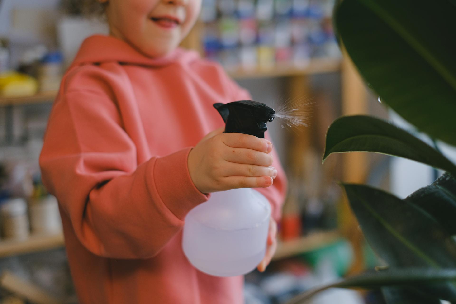 A young child using a spray bottle to water indoor plants, promoting ecological awareness.