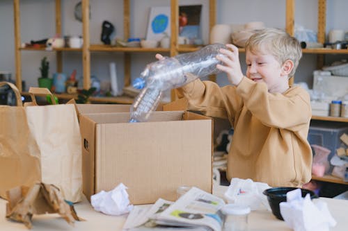 Free Smiling Boy Putting Plastic Bottles on a Box Stock Photo