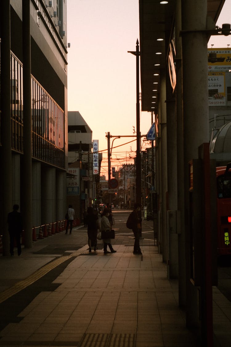 People Walking On Sidewalk During Sunset