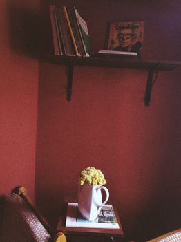 Warm cozy corner featuring a bookshelf, vibrant yellow flowers in a white vase, and red walls. — photo by Doğa Armağan  Güzel