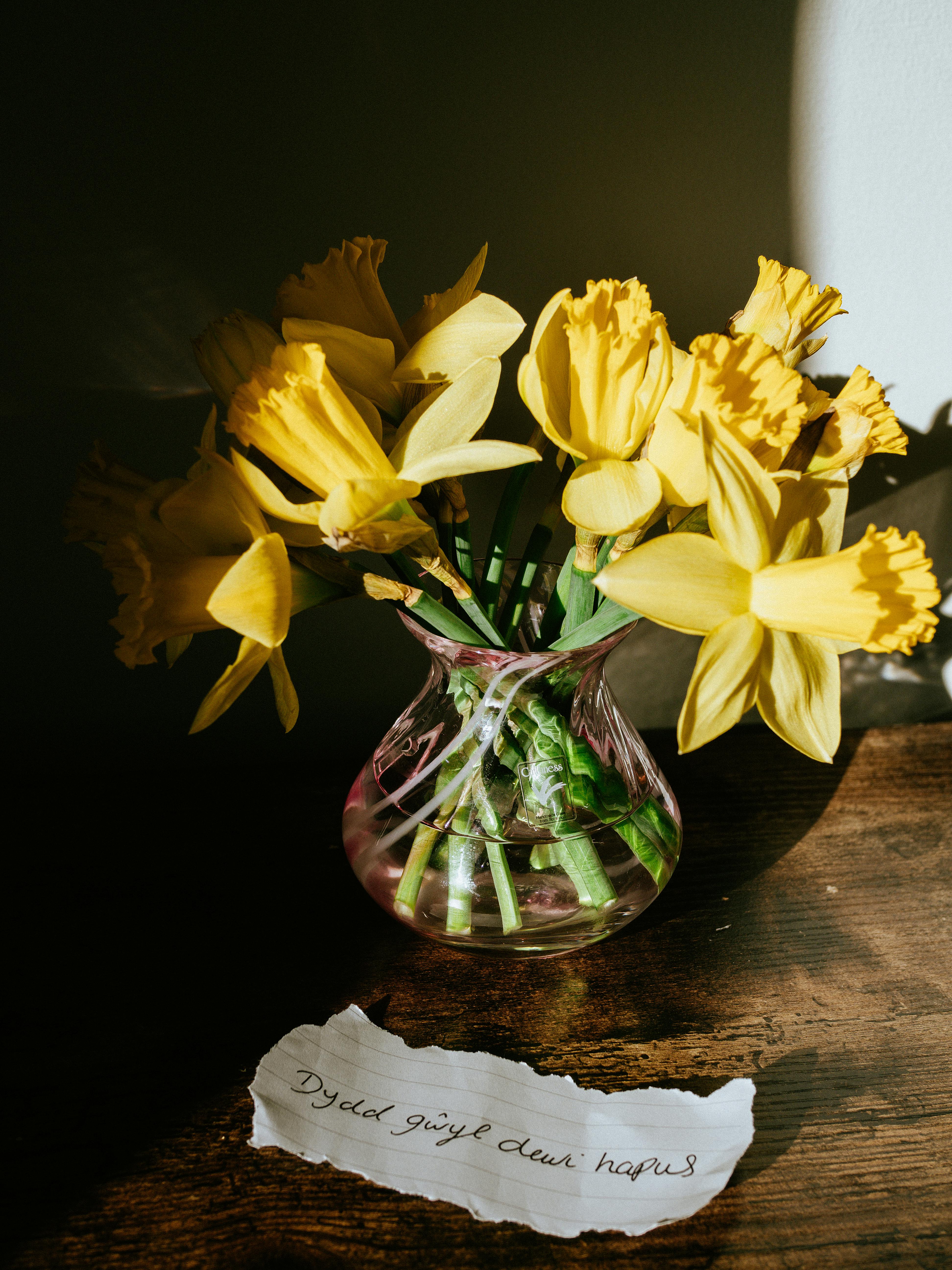 A beautiful arrangement of yellow daffodils in a glass vase with a handwritten message on a wooden surface.