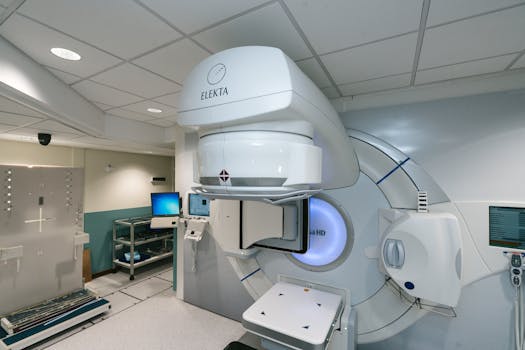 High-tech radiotherapy machine in a hospital setting, essential for cancer treatment.
