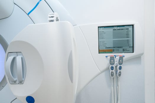 Close-up of advanced radiotherapy equipment with control panel and screen. High-tech medical tech.