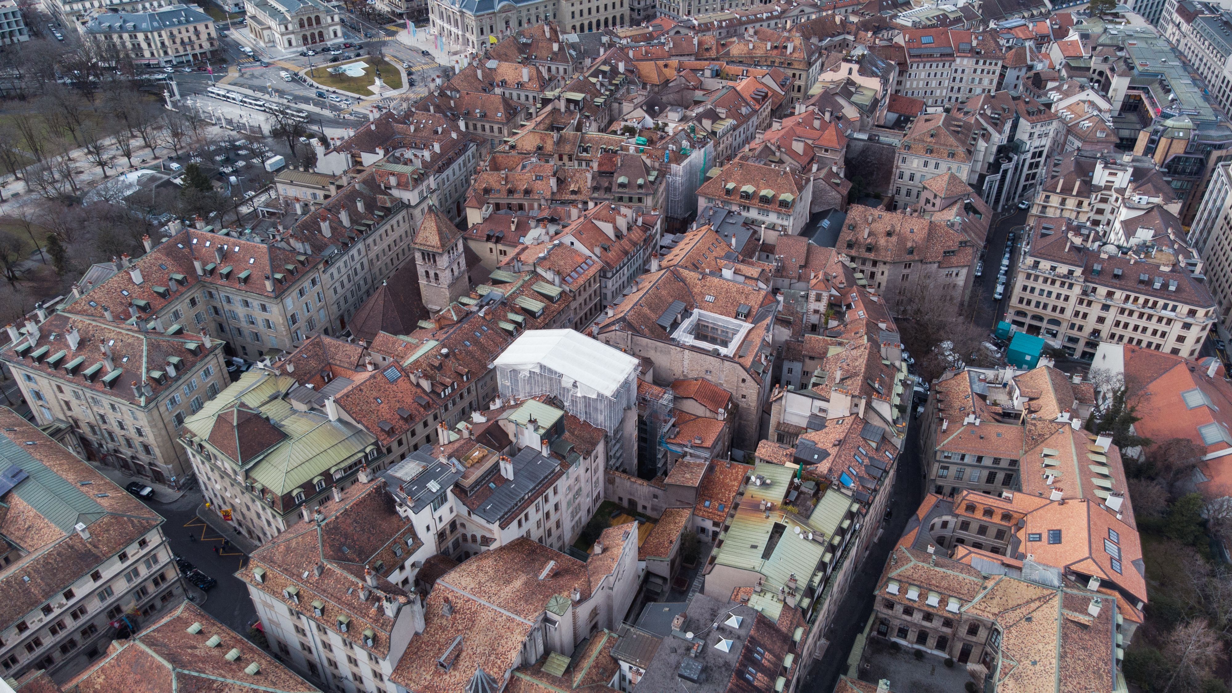 Aerial view of Geneva Old Town historic rooftops and St. Pierre Cathedral
