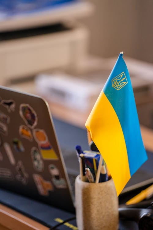 Ukrainian Flag near Laptop