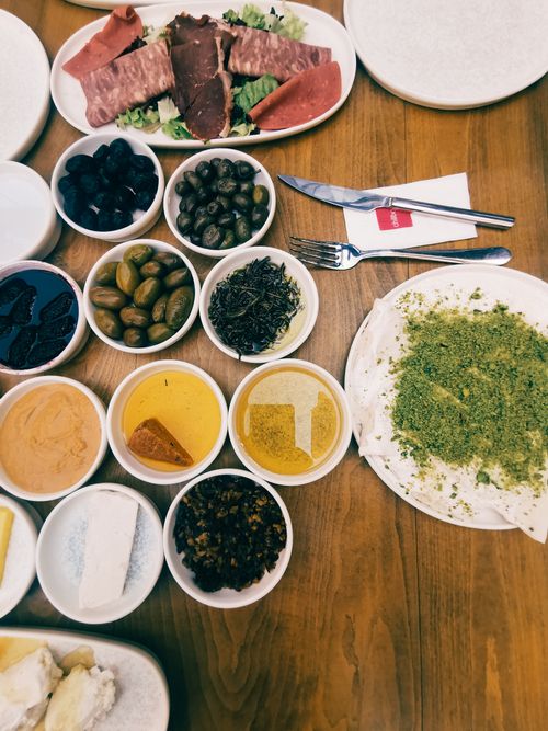 Free Delicious traditional Turkish breakfast with assorted dishes and condiments served in Şehitkamil, Gaziantep. Stock Photo