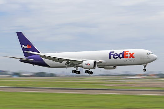 FedEx cargo airplane on the runway during takeoff at a busy airport.