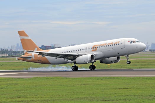 Super Air Jet aircraft landing on runway with visible smoke from wheels during touchdown.