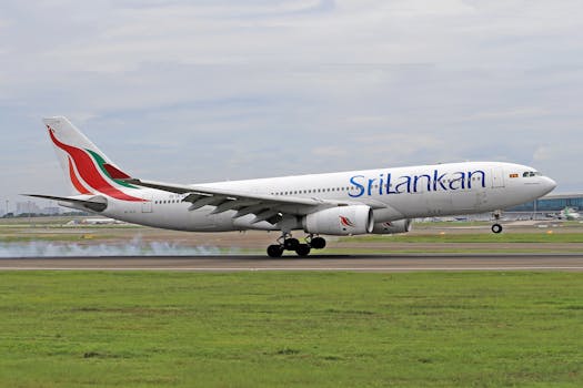 SriLankan Airlines airplane landing on a runway with smoke visible, showcasing travel and transportation.