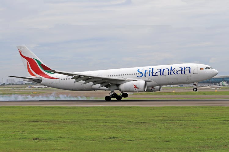 Airplane Landing On A Runway, And Green Lawn