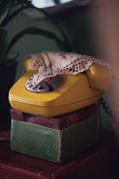 Close-up of a retro yellow rotary phone with doily on vintage wooden box.