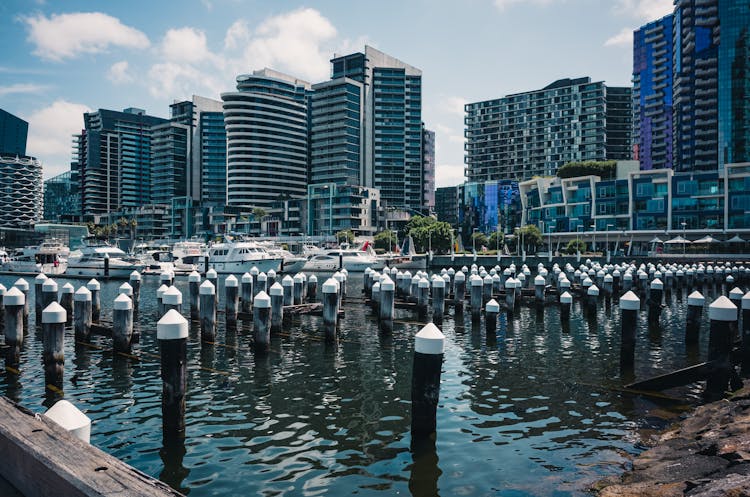 Docking Poles In A Harbor In Docklands, Melbourne, Australia