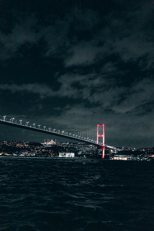 Illuminated Bridge above River at Night