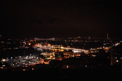 Free A breathtaking aerial view of Istanbul city at night with illuminated bridges and buildings. Stock Photo