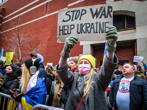 Free Crowd on Protest against War on Ukraine Stock Photo
