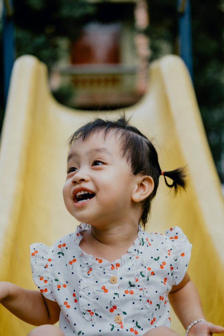 Smiling Girl And Slide Behind