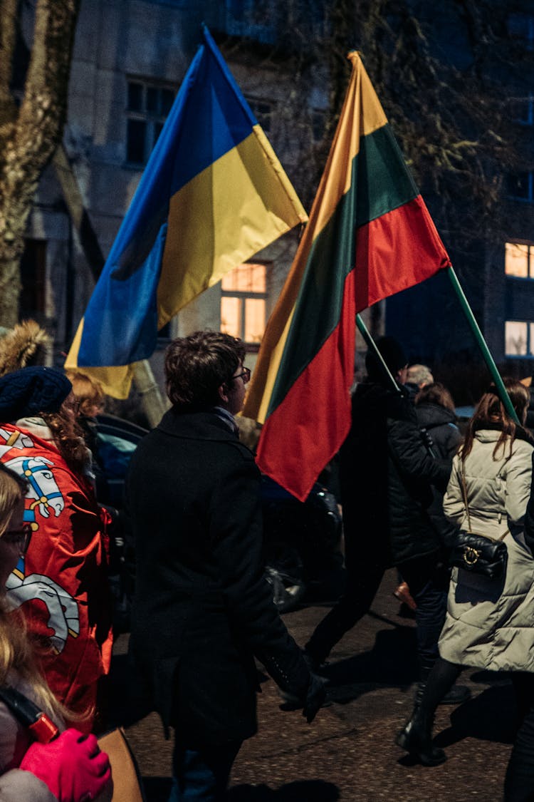 People Carrying Flags While Marching For Peace 