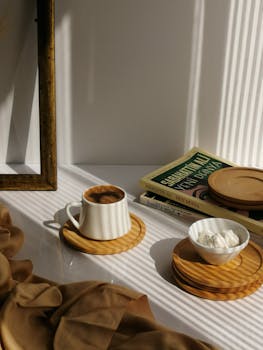 Warm interior scene of a coffee cup, books, and sunlight casting shadows, creating a cozy atmosphere.