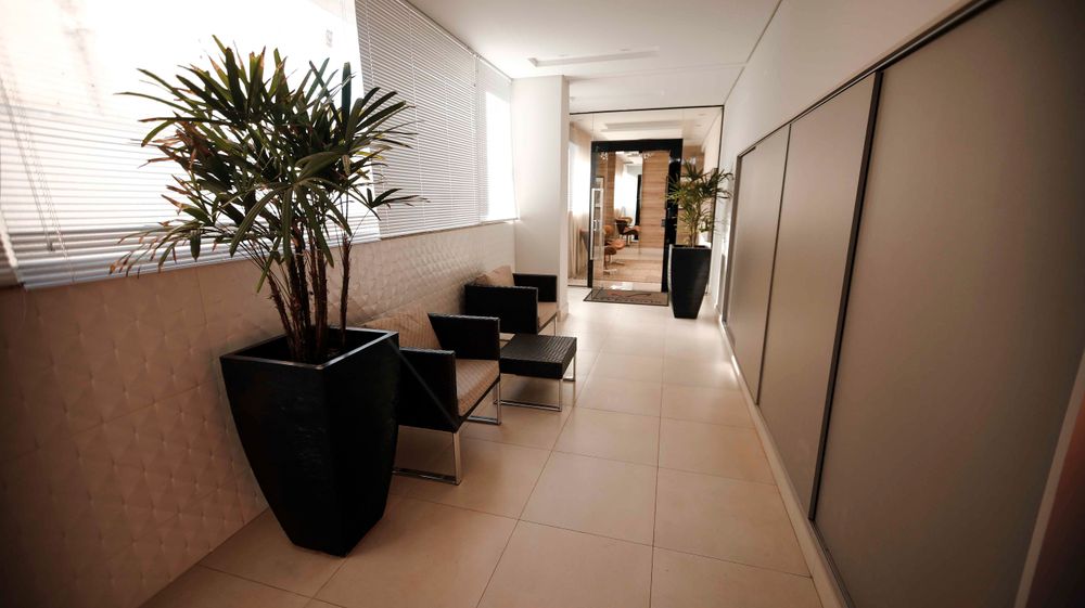 A quiet corridor with tall plants and warm wood