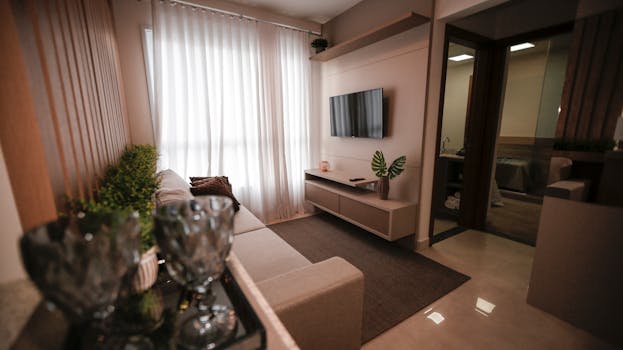 A contemporary living room featuring a sleek TV setup, comfortable sofa, and elegant decor, perfect for relaxing at home.