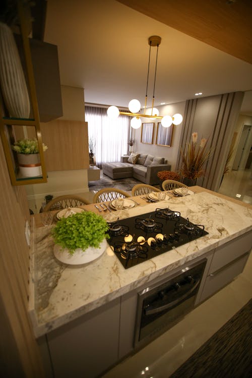 A Marble Kitchen Island across the Living Room