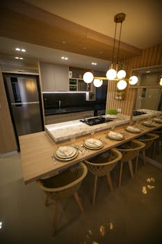 Stylish kitchen and dining area with contemporary design and elegant lighting.