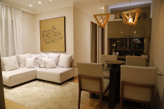 Stylish living room with cozy sectional and modern dining area featuring geometric lighting.