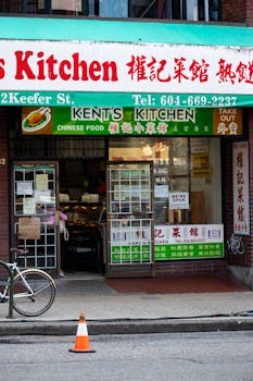 Front view of Kent's Kitchen in Vancouver's Chinatown, capturing the bustling exterior and street signage.