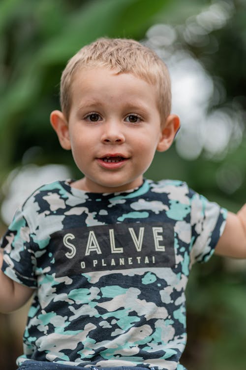 Free Cute Little Boy in Printed Crew Neck Shirt Stock Photo