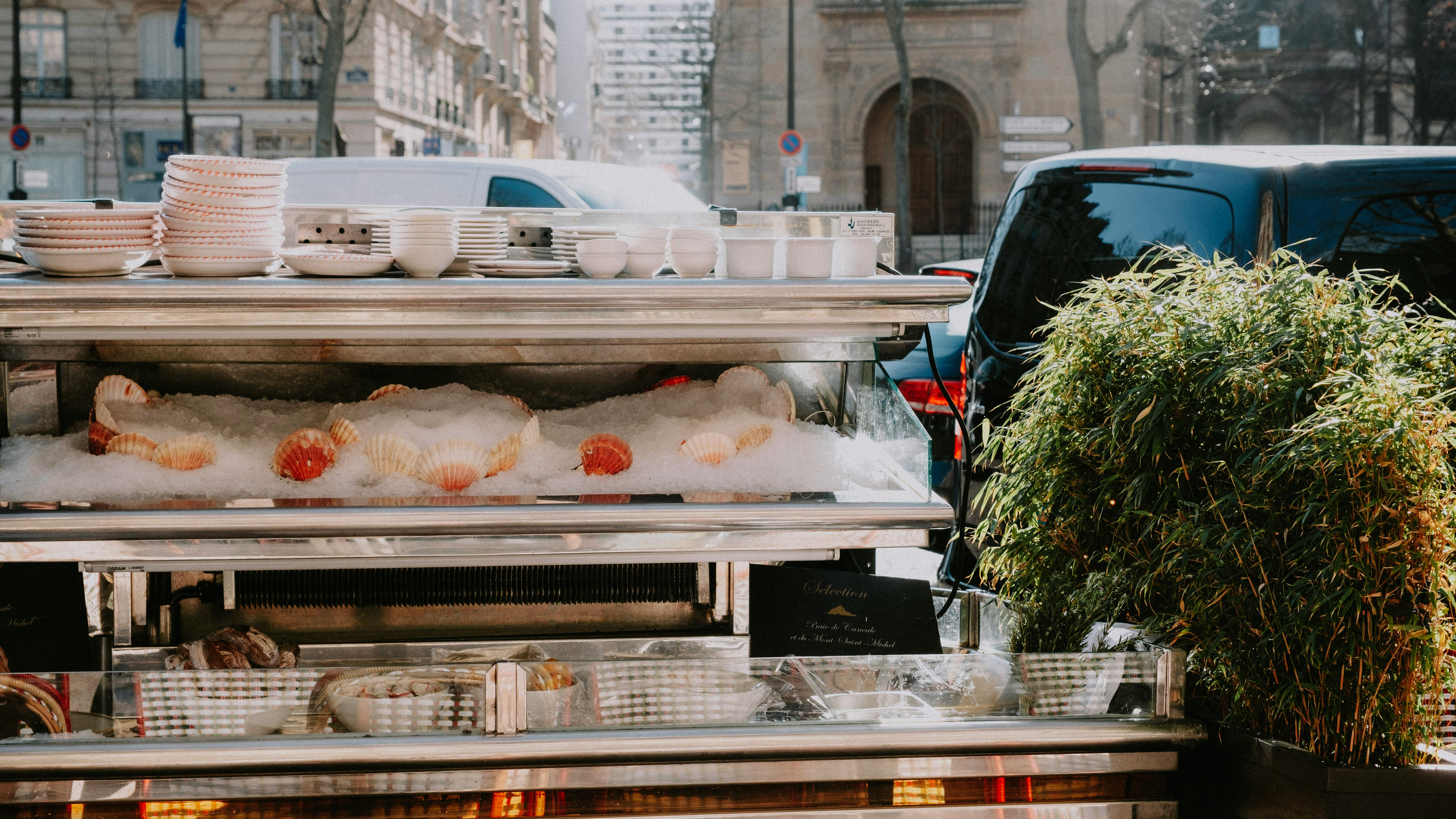 Outdoor seafood stall with fresh shellfish on ice along a city street.