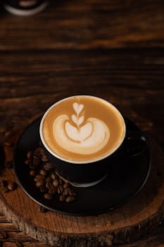 A beautifully crafted latte with heart-shaped art on a rustic wooden board, capturing the essence of coffee culture.