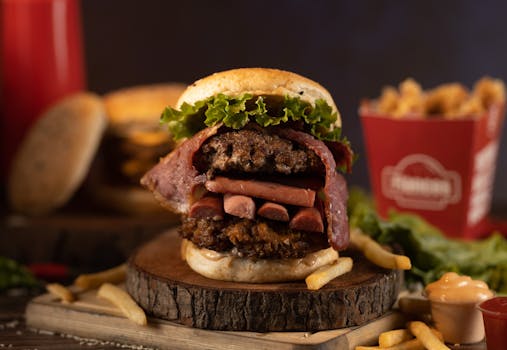 Close-up of a mouthwatering gourmet burger stacked with ingredients, served with fries.