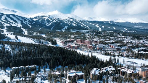 Buildings and Trees Near Snow Covered Mountains