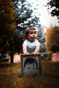 一个可爱的蹒跚学步的孩子，在郁郁葱葱的大自然中，手拿肖像框架