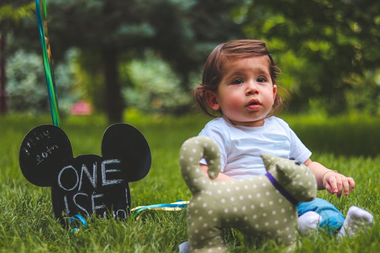 Baby Sitting On Green Grass Field