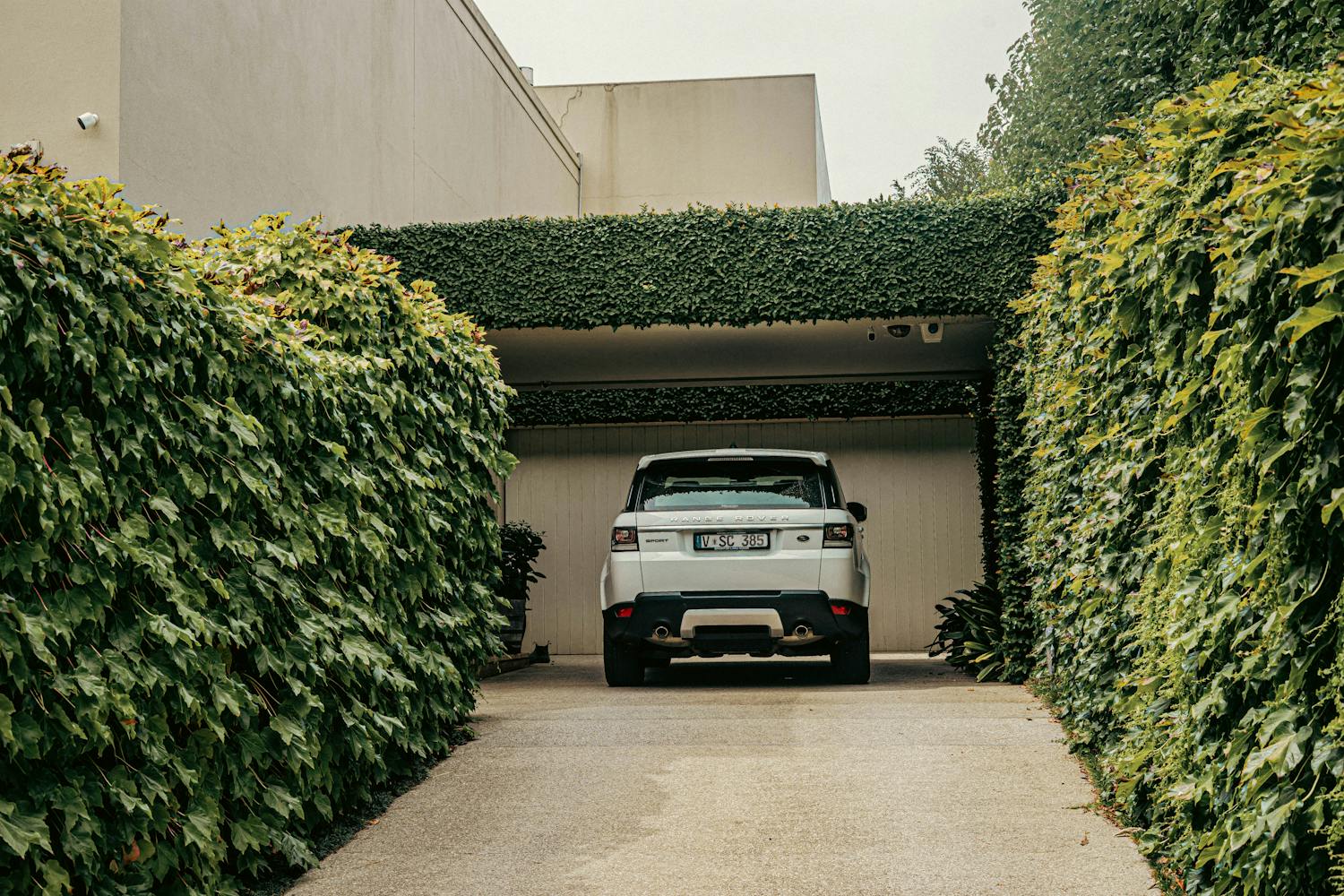 Contemporary house exterior with ivy-covered entry in Melbourne, Australia.