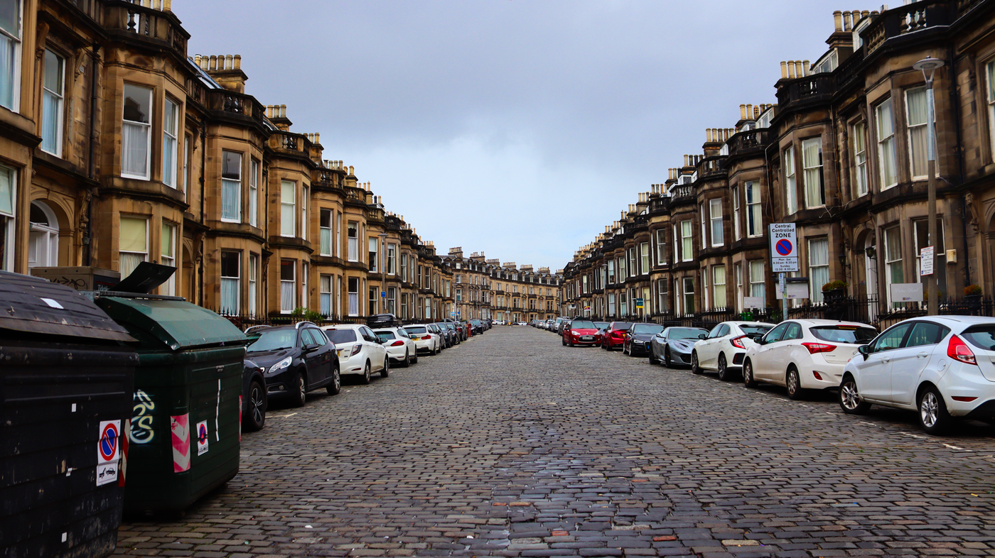 Edinburgh tenement street with slate roofs typical of Leith
