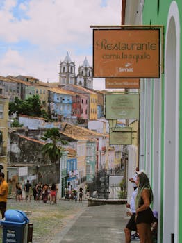 Vibrant urban scene capturing colorful architecture in Salvador, Brazil.