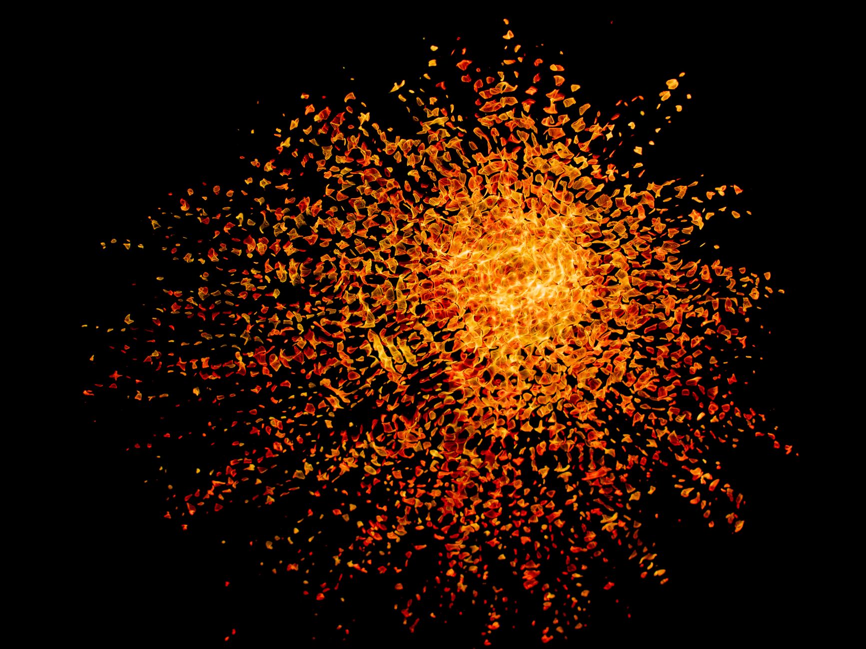 Explosive abstract art with vibrant orange and gold textures on a dark background.