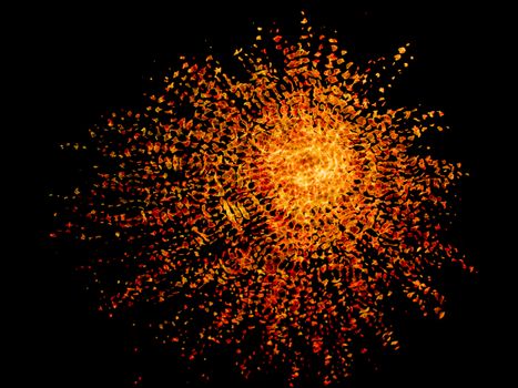 Explosive abstract art with vibrant orange and gold textures on a dark background.