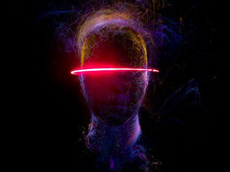 A creative representation of a human head with vibrant neon light streaks, evoking a futuristic and conceptual theme.