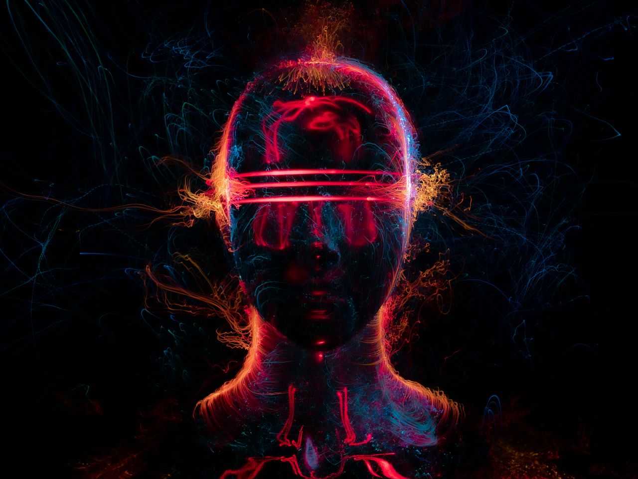 a surreal and vibrant neon glowing face blending art and technology in
